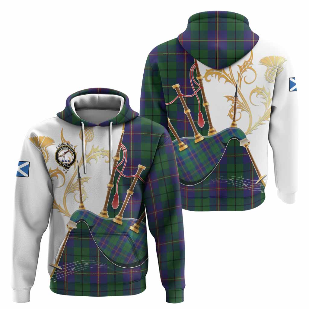 Carmichael Tartan Family Crest Hoodie Bagpipes with Scottish Thistle