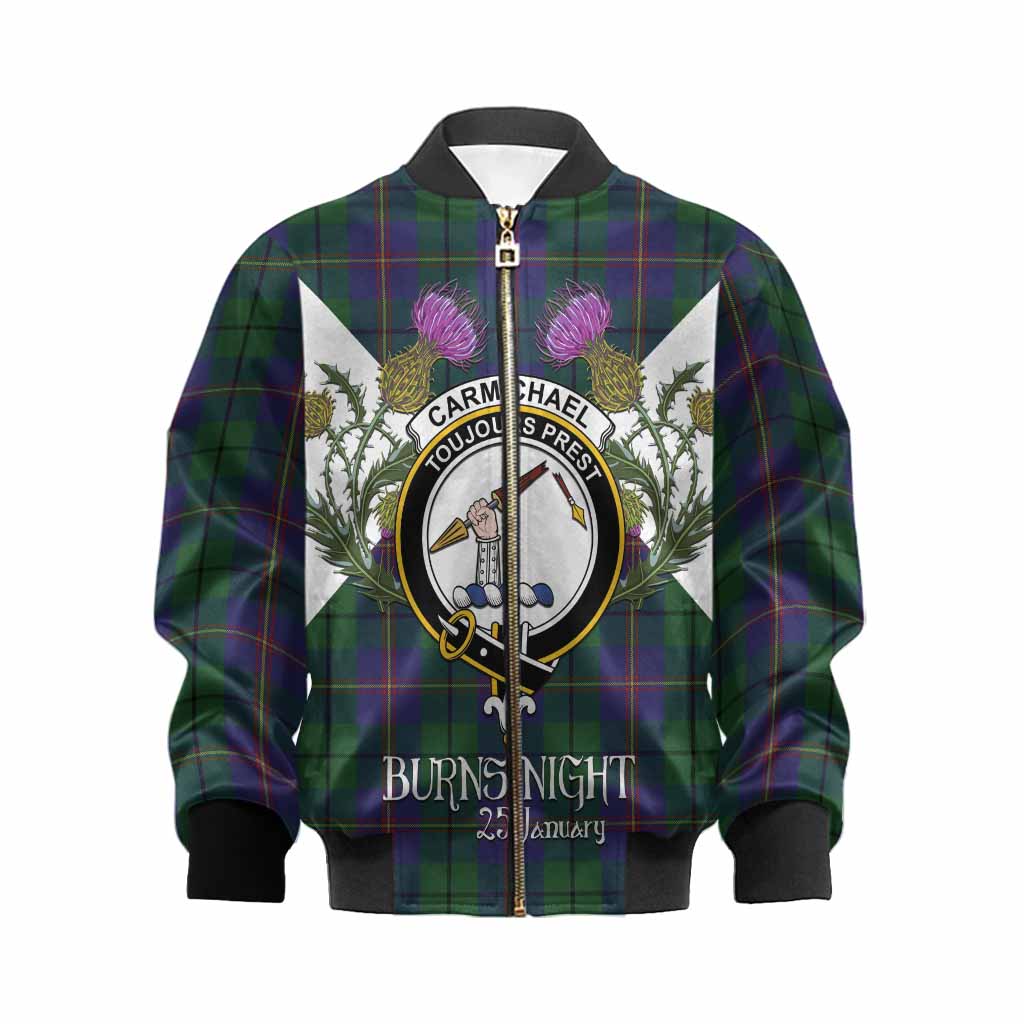 Carmichael Tartan Family Crest Kid Bomber Jacket Scottish Burns Night Thistle Floral