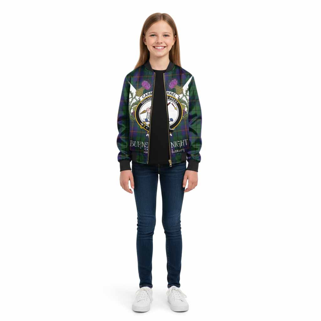 Carmichael Tartan Family Crest Kid Bomber Jacket Scottish Burns Night Thistle Floral