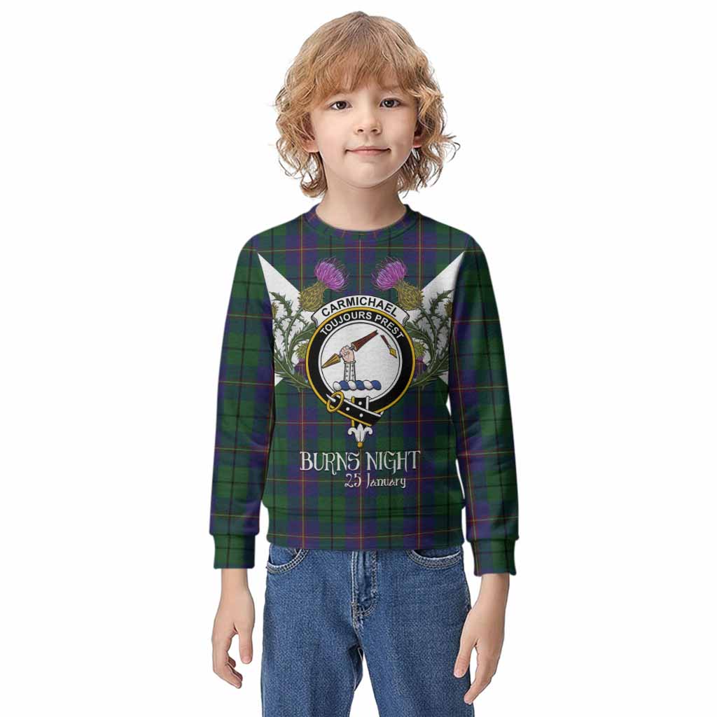 Carmichael Tartan Family Crest Kid Knitted Sweatshirt Scottish Burns Night Thistle Floral