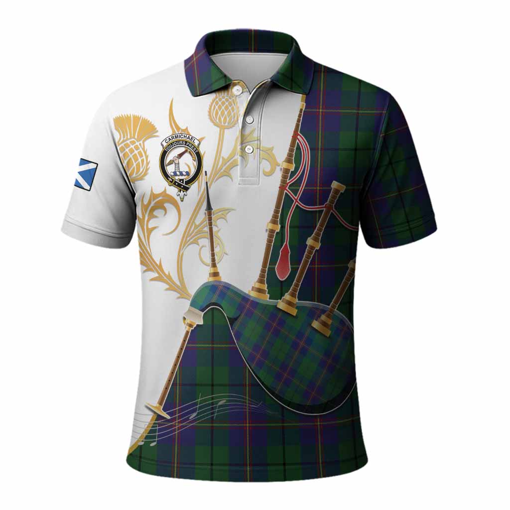 Carmichael Tartan Family Crest Polo Shirt Bagpipes with Scottish Thistle