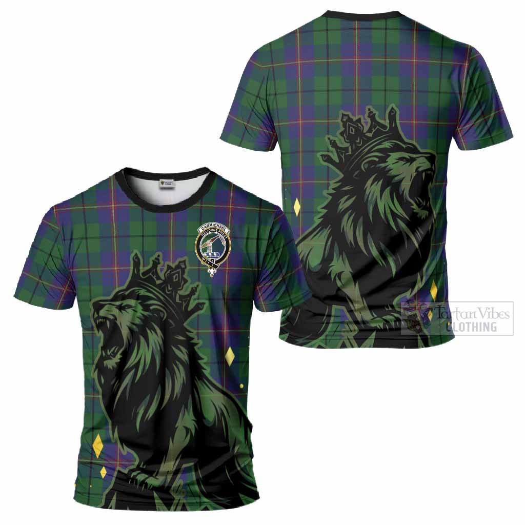 Carmichael Tartan Family Crest T-Shirt Crowned Lion Roaring