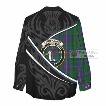 Carmichael Tartan Family Crest Women Casual Shirt Celtic Scottish Thistle Floral - Tartan Vibes Clothing