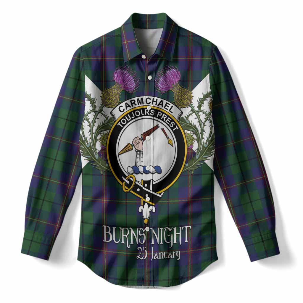 Carmichael Tartan Family Crest Women Casual Shirt Scottish Burns Night Thistle Floral