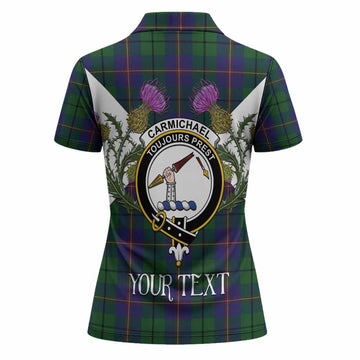 Carmichael Tartan Family Crest Women Polo Shirt Scottish Burns Night Thistle Floral