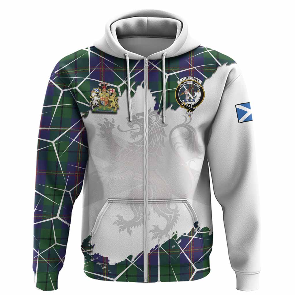 Carmichael Tartan Hoodie with Family Crest and Lion Rampant Grunge Style