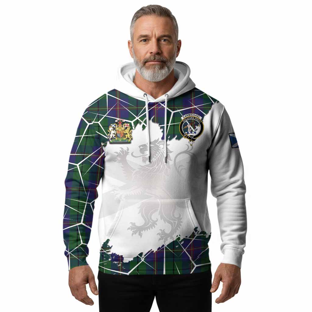 Carmichael Tartan Hoodie with Family Crest and Lion Rampant Grunge Style