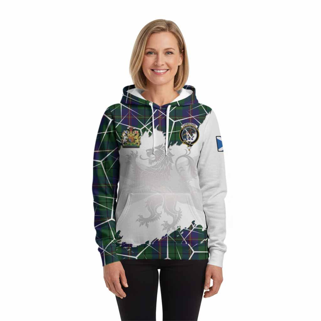 Carmichael Tartan Hoodie with Family Crest and Lion Rampant Grunge Style