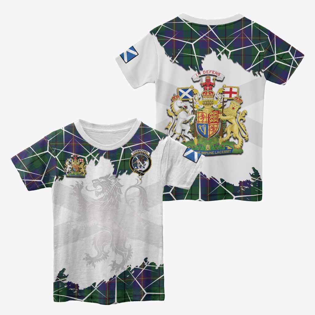 Carmichael Tartan Kid T-shirt with Family Crest and Lion Rampant Grunge Style