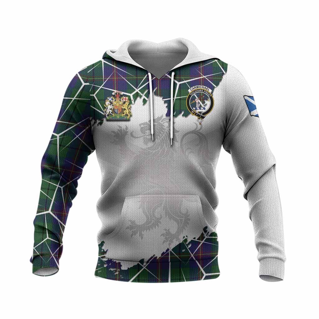 Carmichael Tartan Knitted Hoodie with Family Crest and Lion Rampant Grunge Style