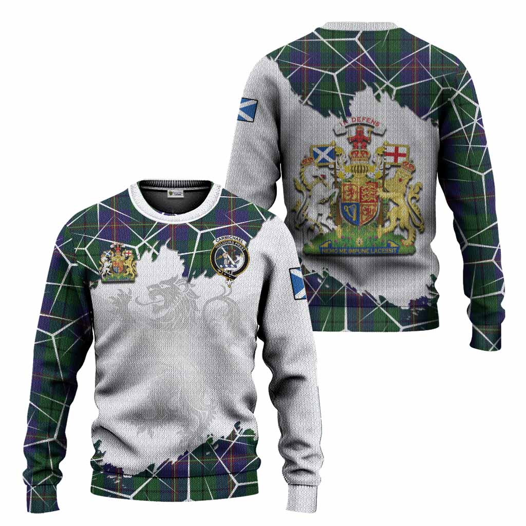 Carmichael Tartan Knitted Sweater with Family Crest and Lion Rampant Grunge Style