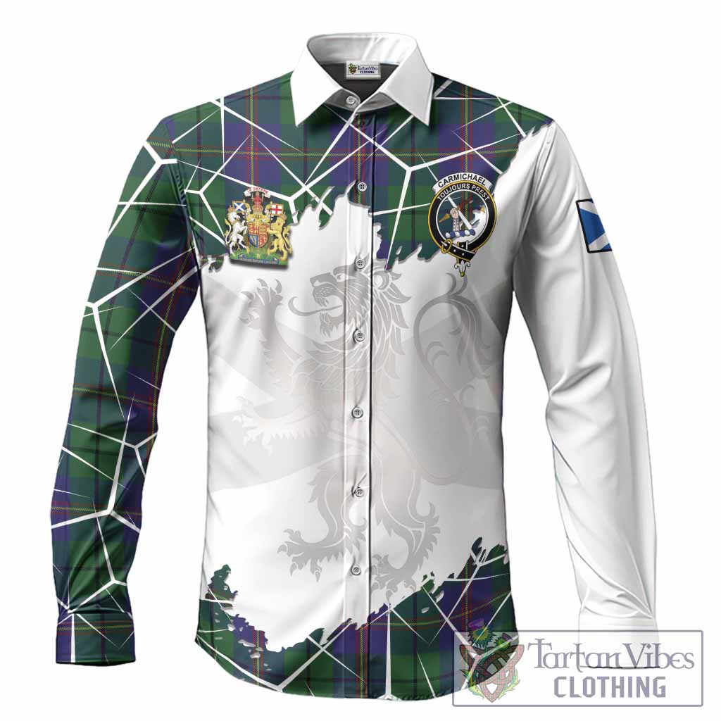 Carmichael Tartan Long Sleeve Button Shirts with Family Crest and Lion Rampant Grunge Style