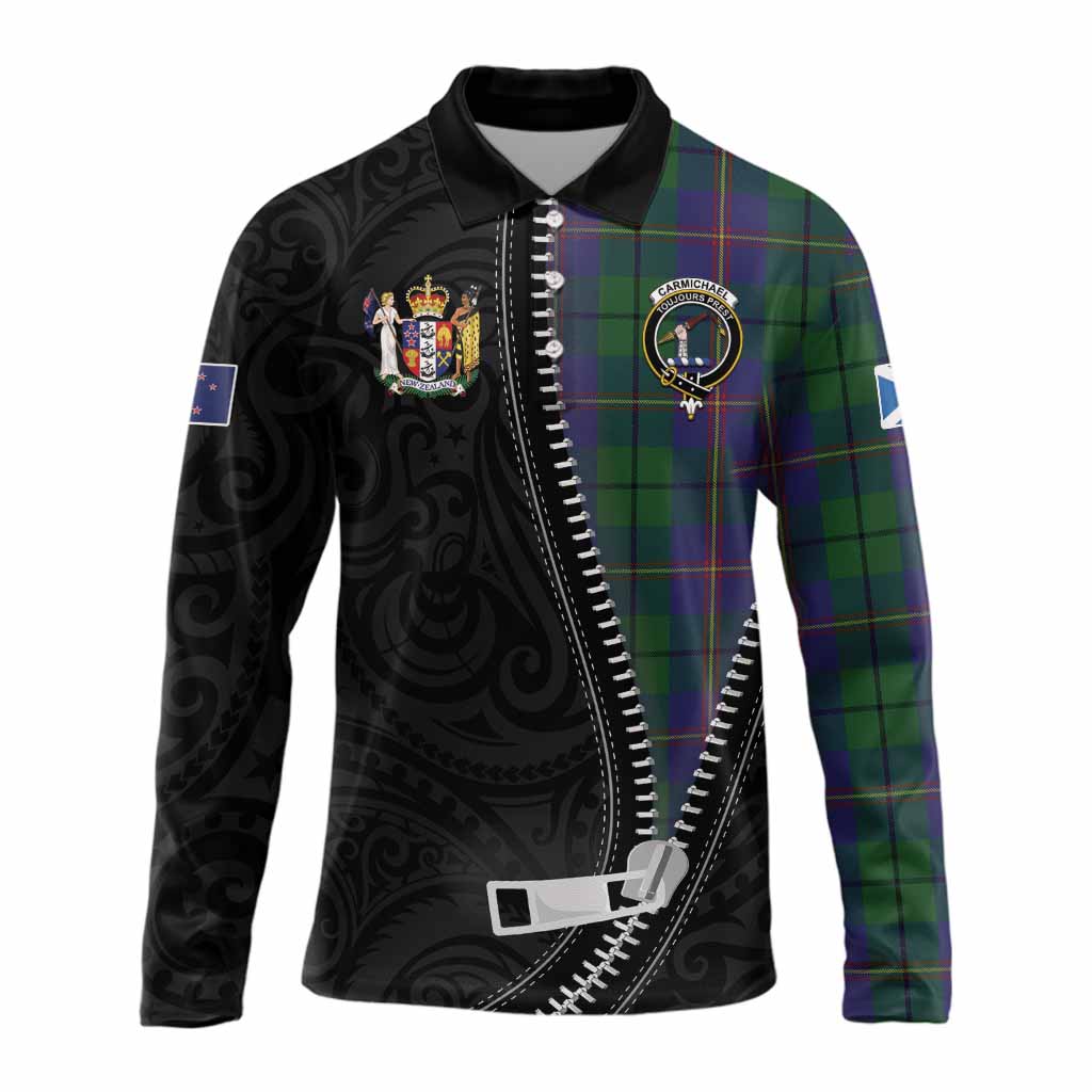 Carmichael Tartan Long Sleeve Polo Shirt New Zealand Pattern Unique Zipper Stylized