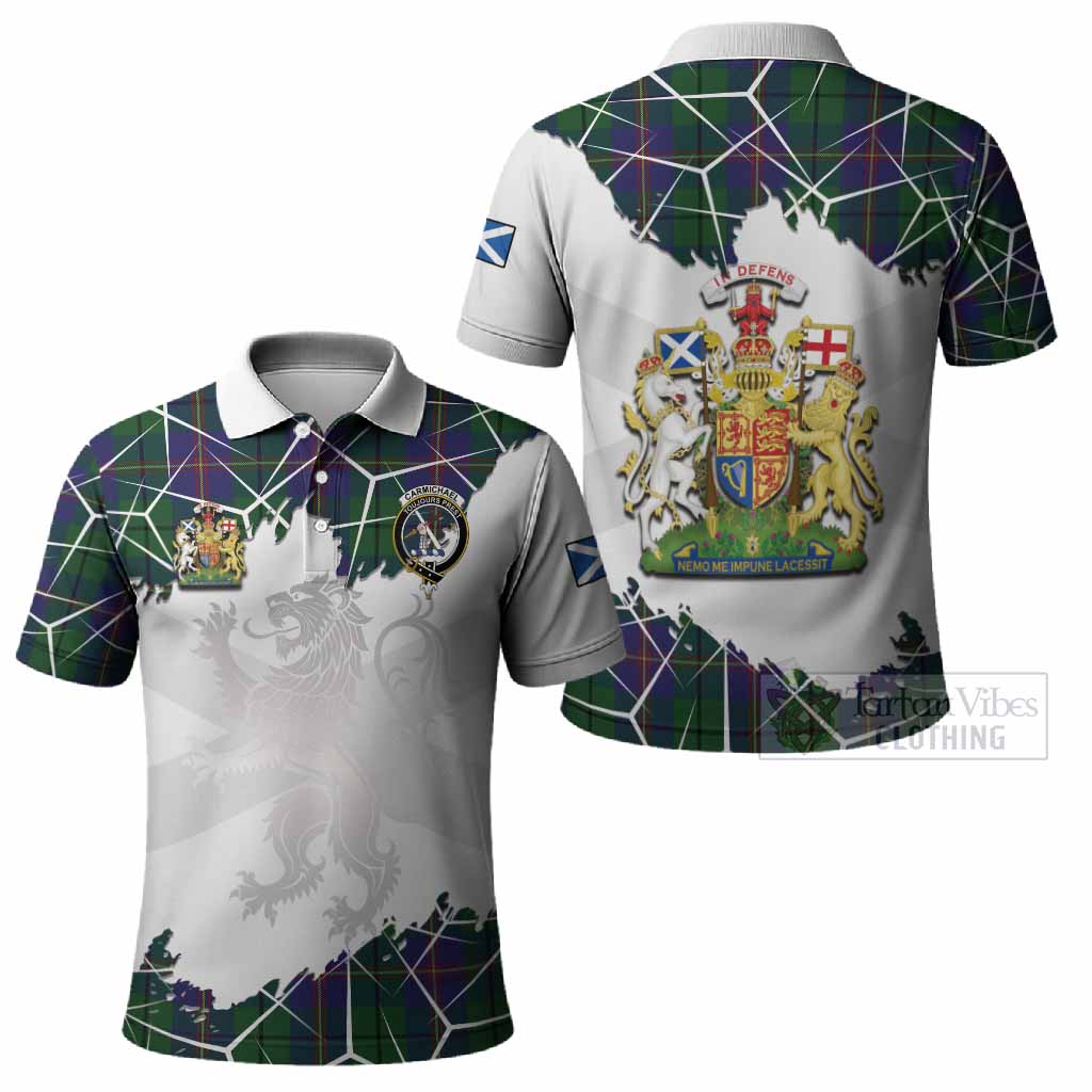 Carmichael Tartan Polo Shirt with Family Crest and Lion Rampant Grunge Style