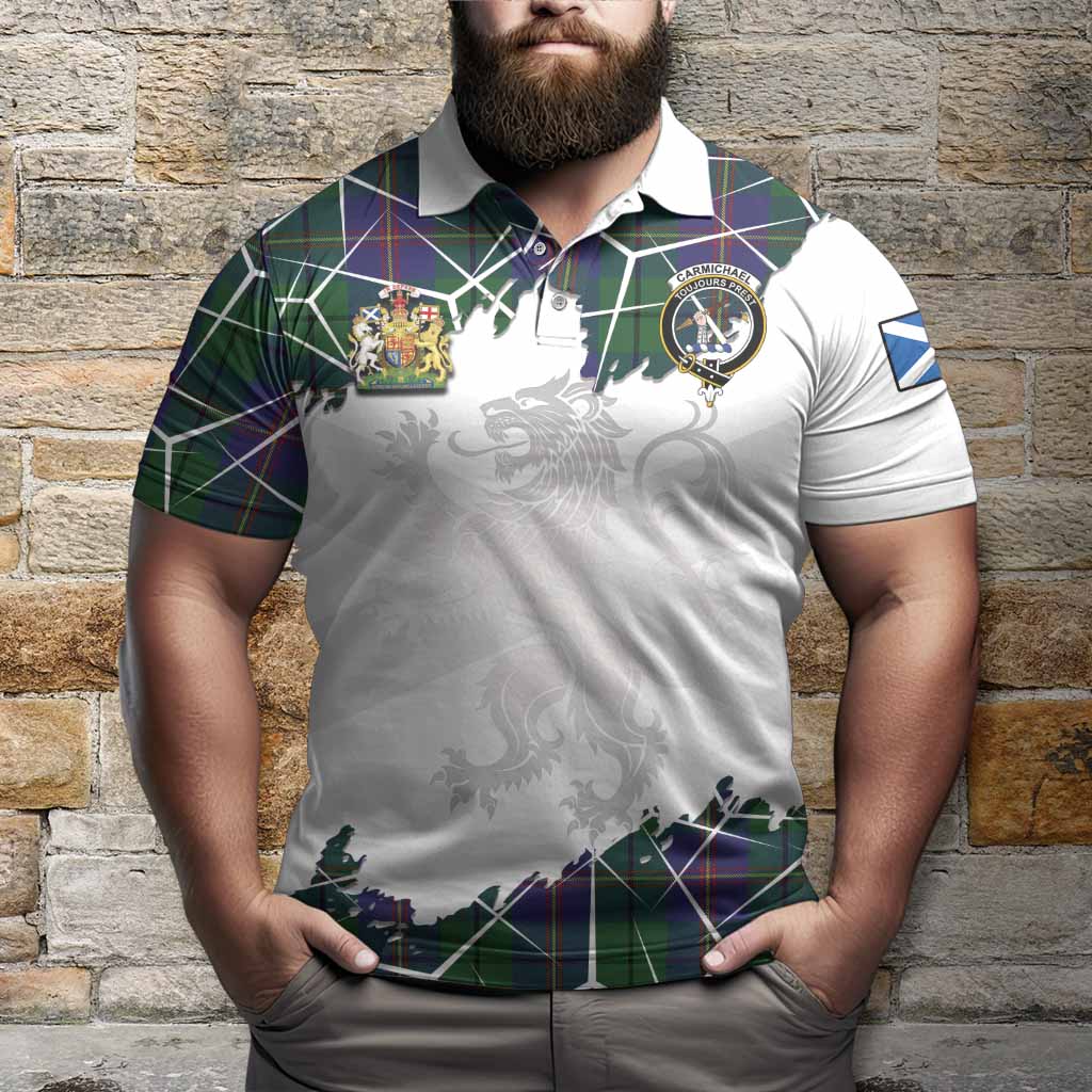 Carmichael Tartan Polo Shirt with Family Crest and Lion Rampant Grunge Style