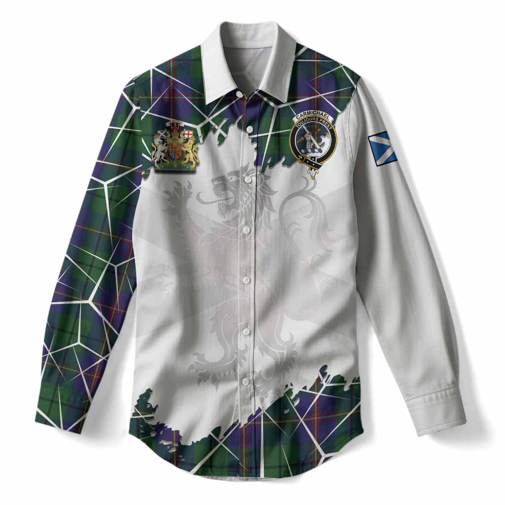 Carmichael Tartan Women Casual Shirt with Family Crest and Lion Rampant Grunge Style