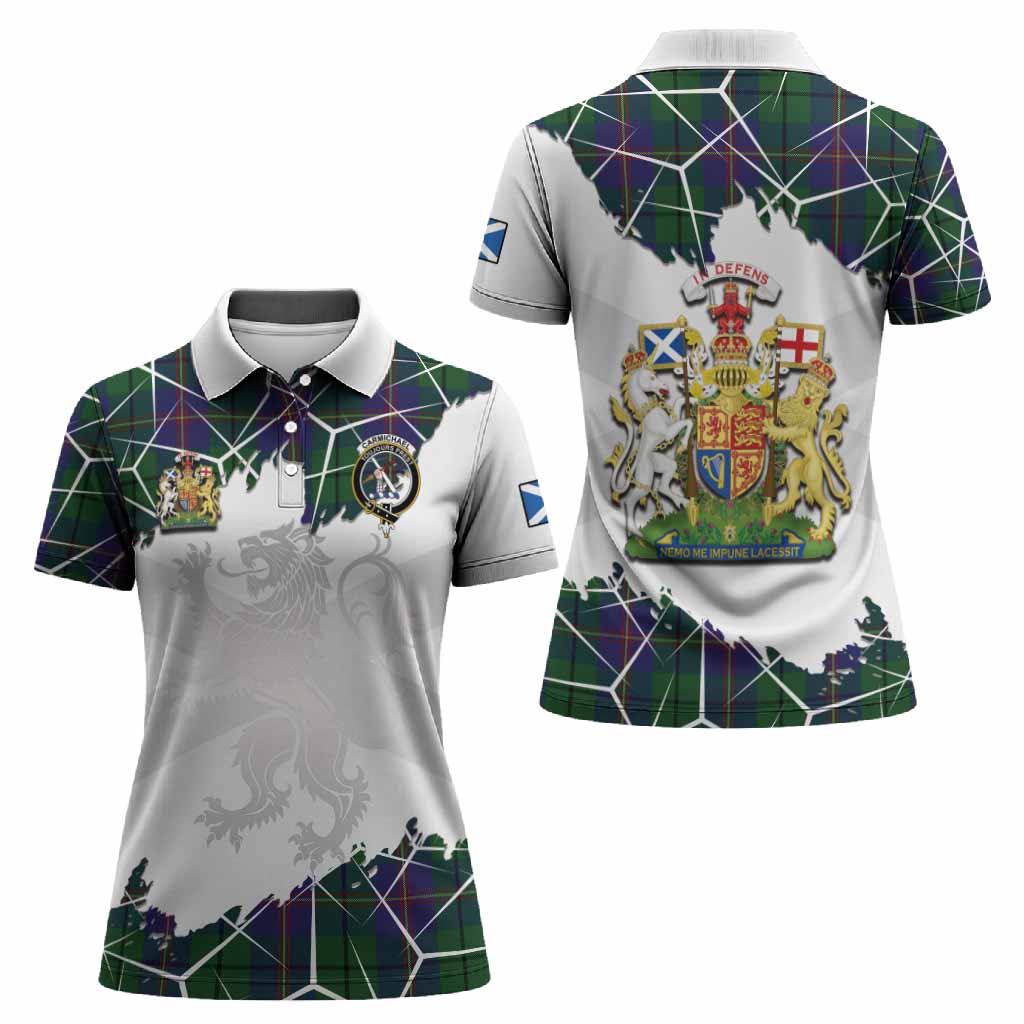 Carmichael Tartan Women Polo Shirt with Family Crest and Lion Rampant Grunge Style