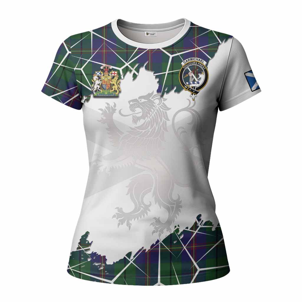 Carmichael Tartan Women T shirt with Family Crest and Lion Rampant Grunge Style
