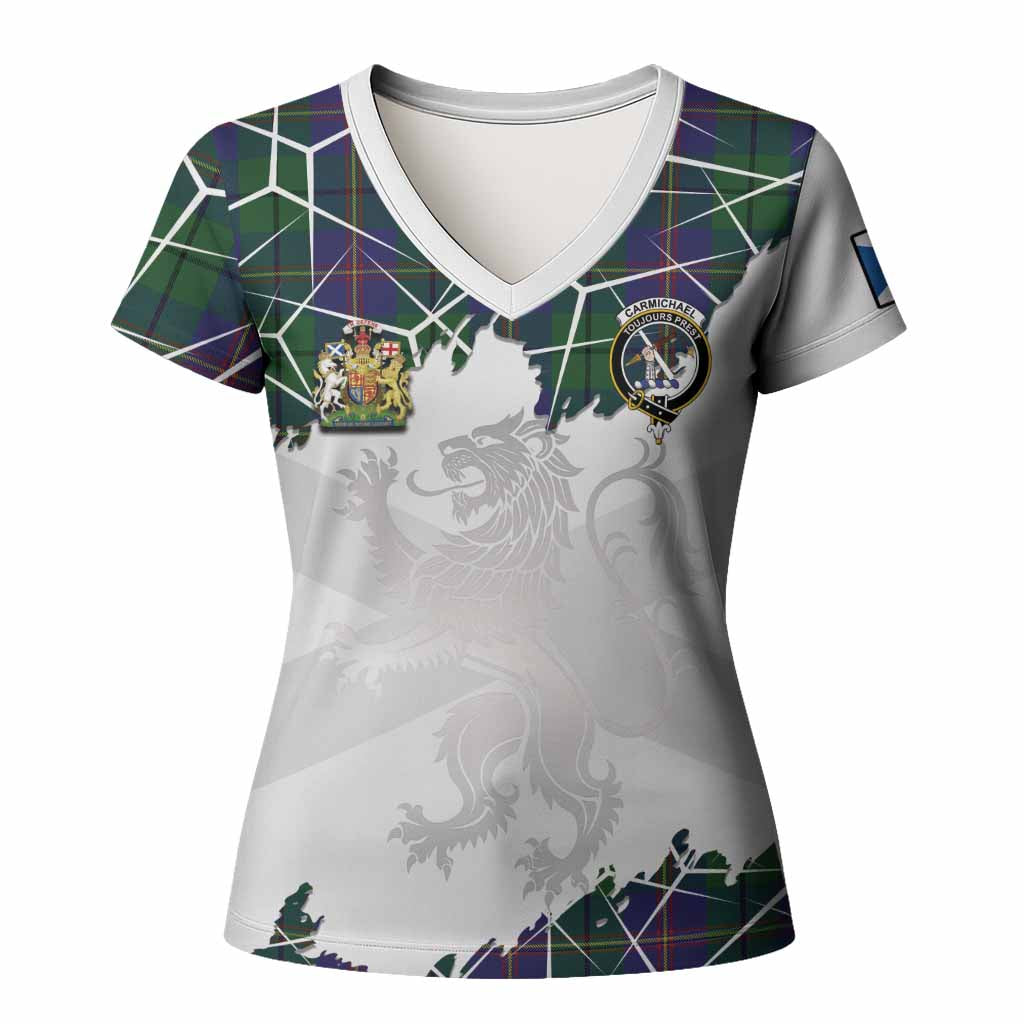 Carmichael Tartan Women T shirt with Family Crest and Lion Rampant Grunge Style