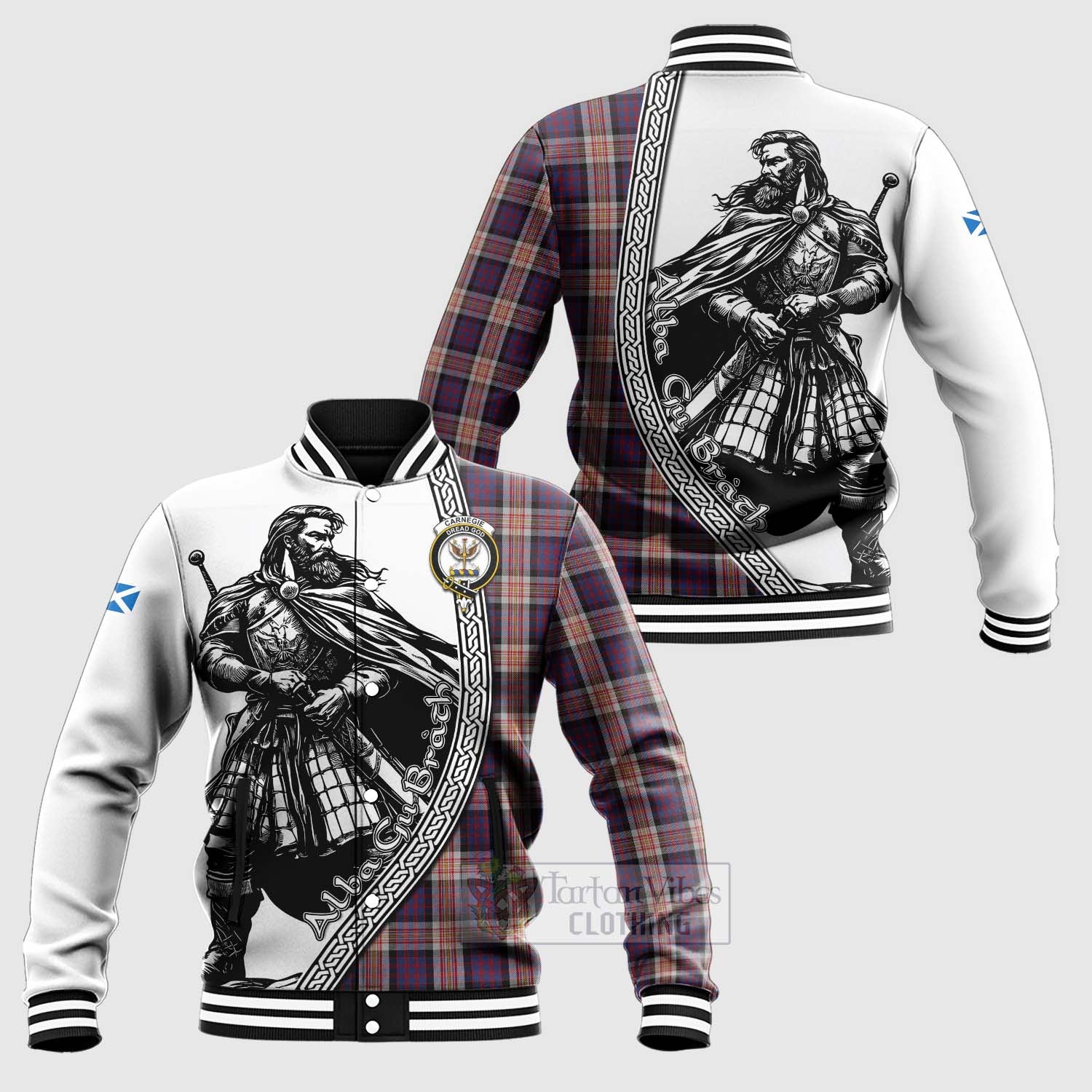 Carnegie Tartan Clan Crest Baseball Jacket with Highlander Warrior Celtic Style Unisex - Tartan Vibes Clothing