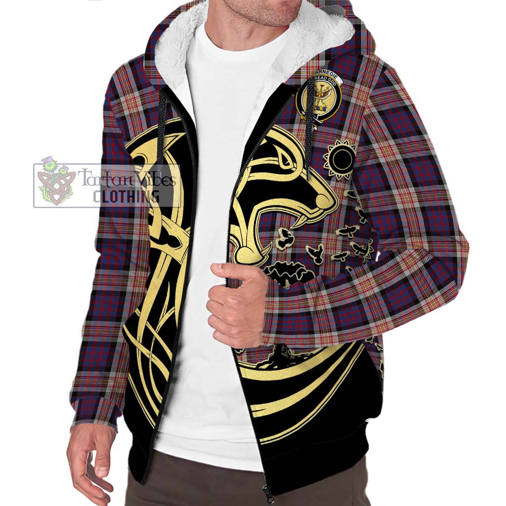Carnegie Tartan Sherpa Hoodie with Family Crest Celtic Wolf Style Unisex S - Tartan Vibes Clothing