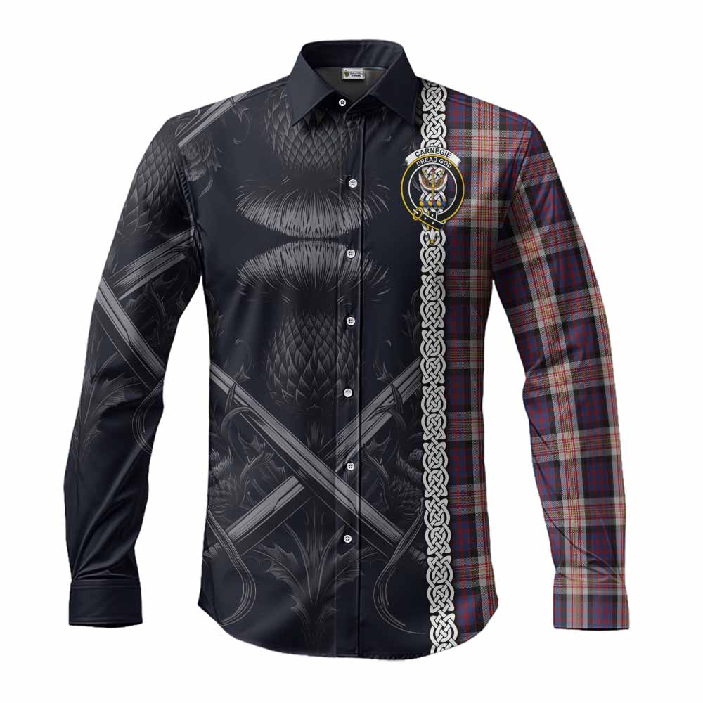 Tartan Vibes Clothing Carnegie Tartan Long Sleeve Button Shirt with Family Crest Cross Sword Thistle Celtic Vibes