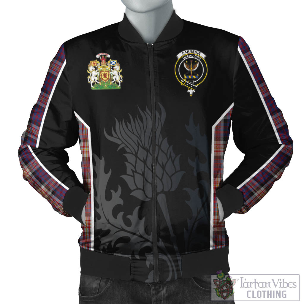Carnegie Tartan Bomber Jacket with Family Crest and Scottish Thistle Vibes Sport Style Unisex Black - Tartan Vibes Clothing