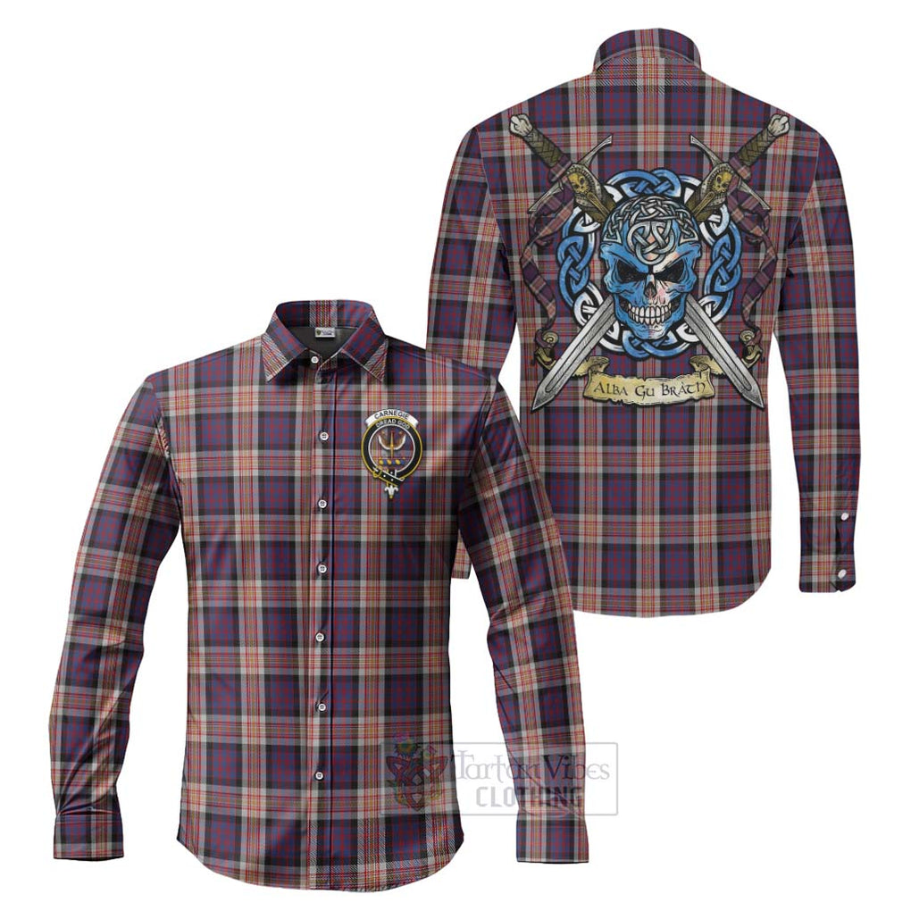 Carnegie Tartan Long Sleeve Button Shirt with Family Crest Celtic Skull Style Men's Shirt S - Tartan Vibes Clothing