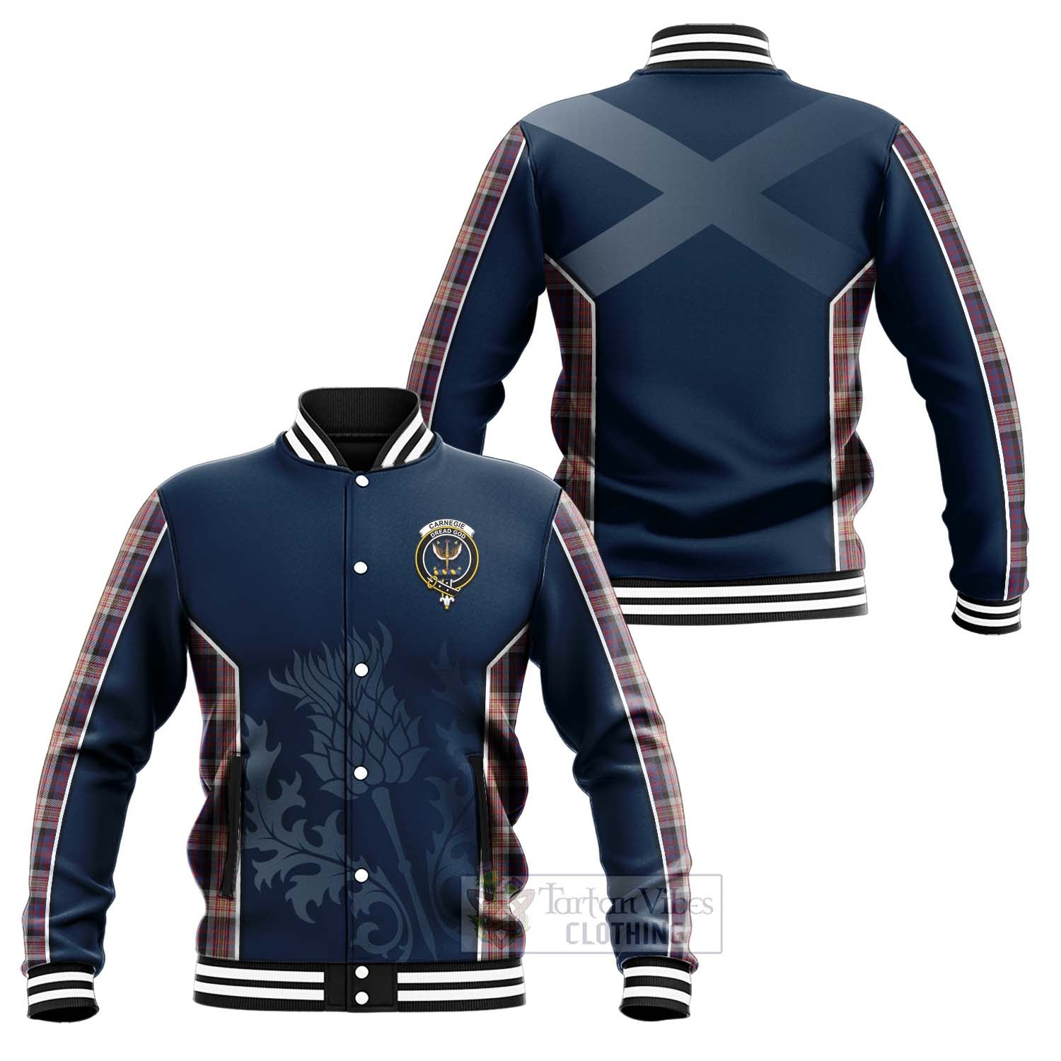 Carnegie Tartan Baseball Jacket with Family Crest and Scottish Thistle Vibes Sport Style Unisex - Tartan Vibes Clothing