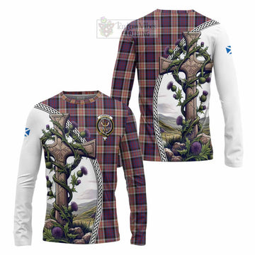 Carnegie Tartan Long Sleeve T-Shirt with Family Crest and St. Andrew's Cross Accented by Thistle Vines Unisex - Tartan Vibes Clothing