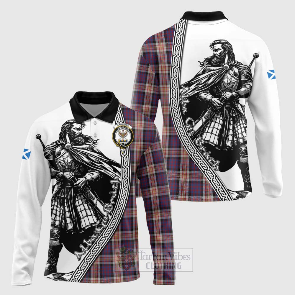 Carnegie Tartan Clan Crest Long Sleeve Polo Shirt with Highlander Warrior Celtic Style Unisex - Tartan Vibes Clothing
