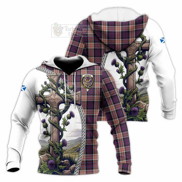 Carnegie Tartan Knitted Hoodie with Family Crest and St. Andrew's Cross Accented by Thistle Vines Unisex Knitted Pullover Hoodie - Tartan Vibes Clothing