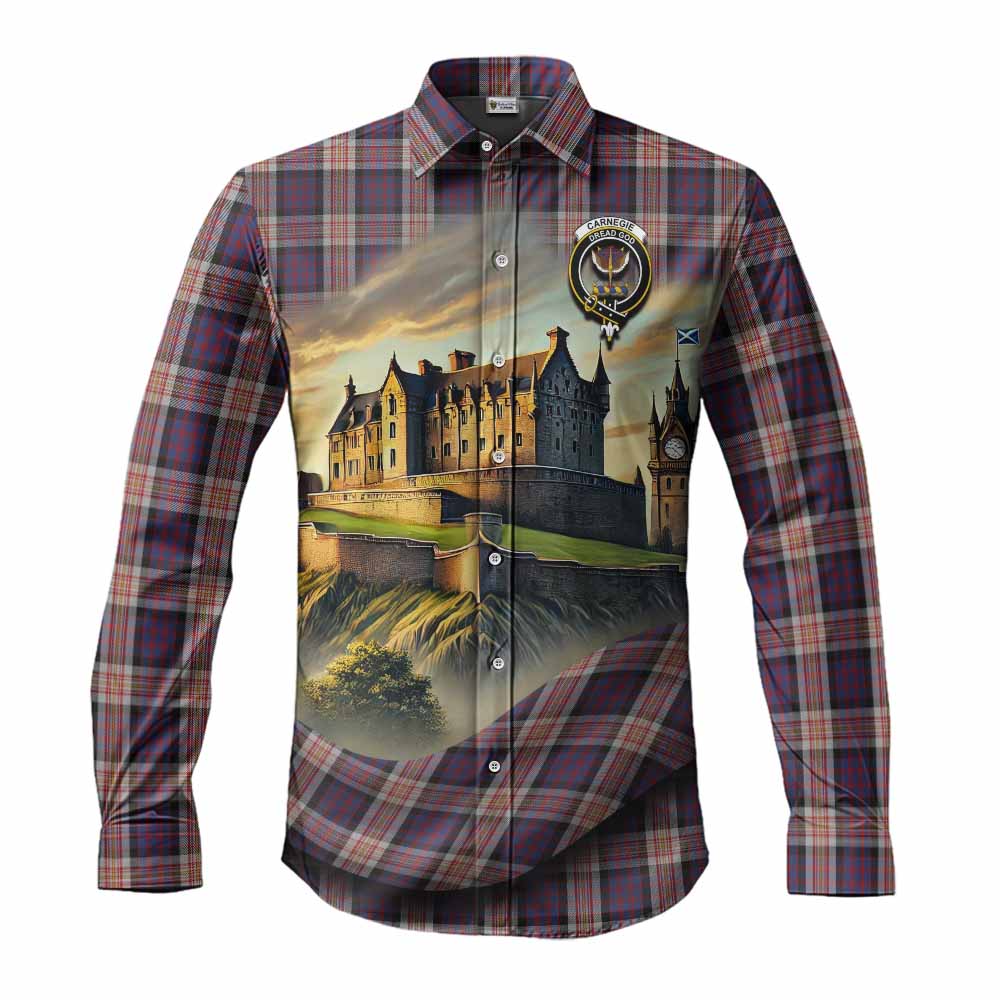 Tartan Vibes Clothing Carnegie Tartan Family Crest Long Sleeve Button Shirt with Scottish Ancient Castle Style