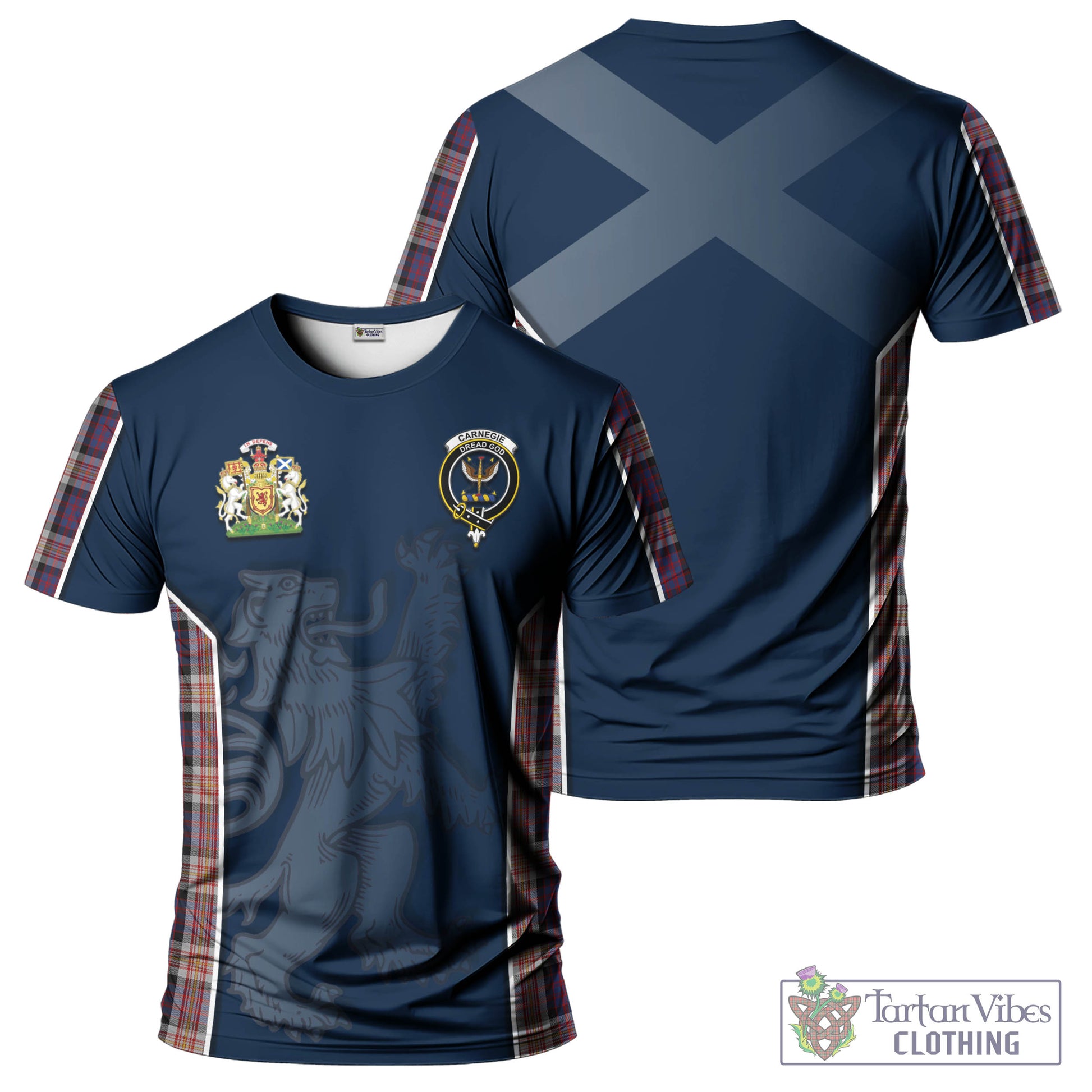 Tartan Vibes Clothing Carnegie Tartan T-Shirt with Family Crest and Lion Rampant Vibes Sport Style