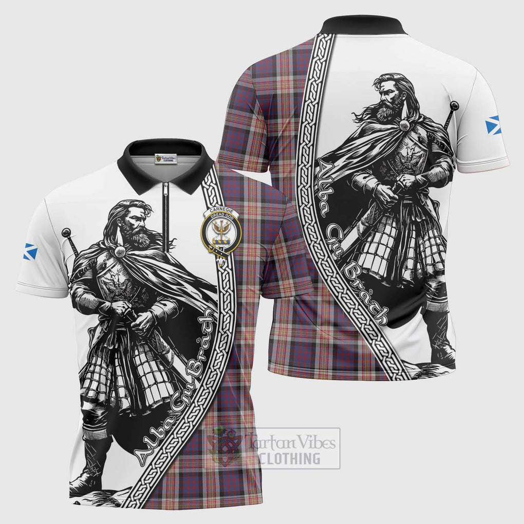 Carnegie Tartan Clan Crest Zipper Polo Shirt with Highlander Warrior Celtic Style Unisex - Tartan Vibes Clothing