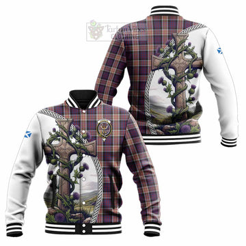 Carnegie Tartan Baseball Jacket with Family Crest and St. Andrew's Cross Accented by Thistle Vines Unisex - Tartan Vibes Clothing