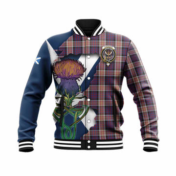 Tartan Vibes Clothing Carnegie Tartan Family Crest Baseball Jacket Scottish Thistle Celtic Inspired