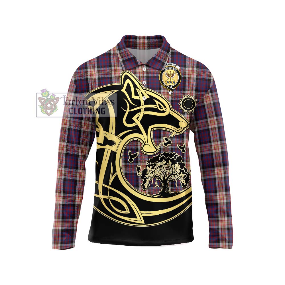 Carnegie Tartan Long Sleeve Polo Shirt with Family Crest Celtic Wolf Style Unisex - Tartan Vibes Clothing