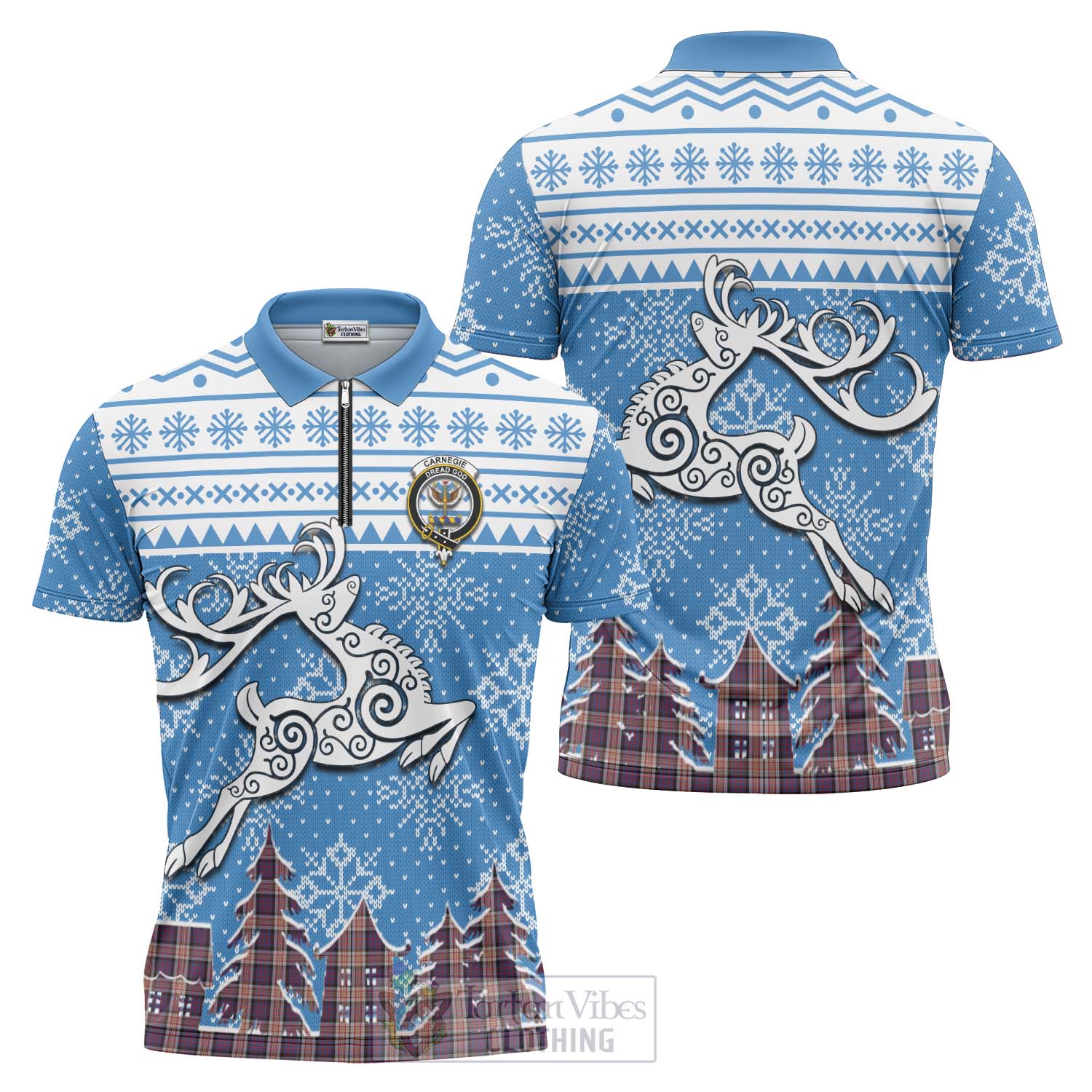 Carnegie Clan Christmas Zipper Polo Shirt Celtic Reindeer Style Unisex - Tartan Vibes Clothing