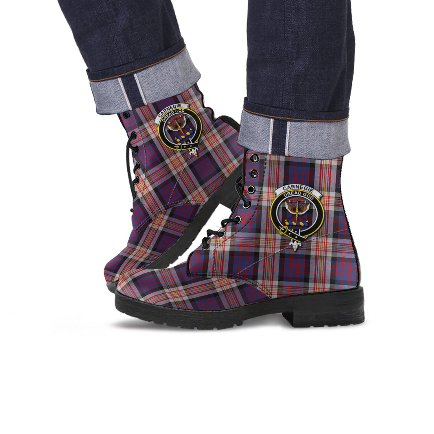 Carnegie Tartan Leather Boots with Family Crest Men' Boots - Tartan Vibes Clothing