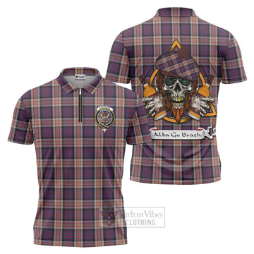 Carnegie Tartan Zipper Polo Shirt with Family Crest and Bearded Skull Holding Bottles of Whiskey Unisex - Tartan Vibes Clothing
