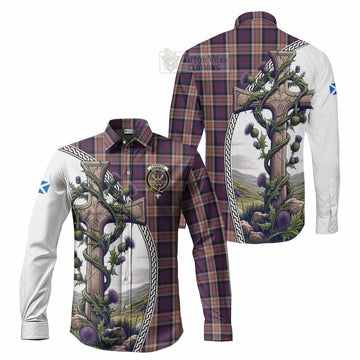 Carnegie Tartan Long Sleeve Button Shirt with Family Crest and St. Andrew's Cross Accented by Thistle Vines Men's Shirt S - Tartan Vibes Clothing