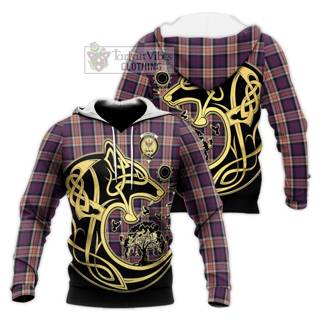 Carnegie Tartan Knitted Hoodie with Family Crest Celtic Wolf Style Unisex Knitted Pullover Hoodie - Tartan Vibes Clothing