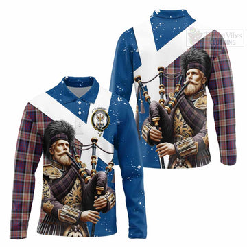 Carnegie Tartan Long Sleeve Polo Shirt with Family Crest Scottish Bagpiper Vibes Unisex - Tartan Vibes Clothing
