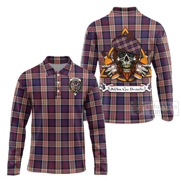 Carnegie Tartan Long Sleeve Polo Shirt with Family Crest and Bearded Skull Holding Bottles of Whiskey Unisex - Tartan Vibes Clothing