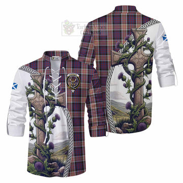 Carnegie Tartan Ghillie Kilt Shirt with Family Crest and St. Andrew's Cross Accented by Thistle Vines Men - Tartan Vibes Clothing