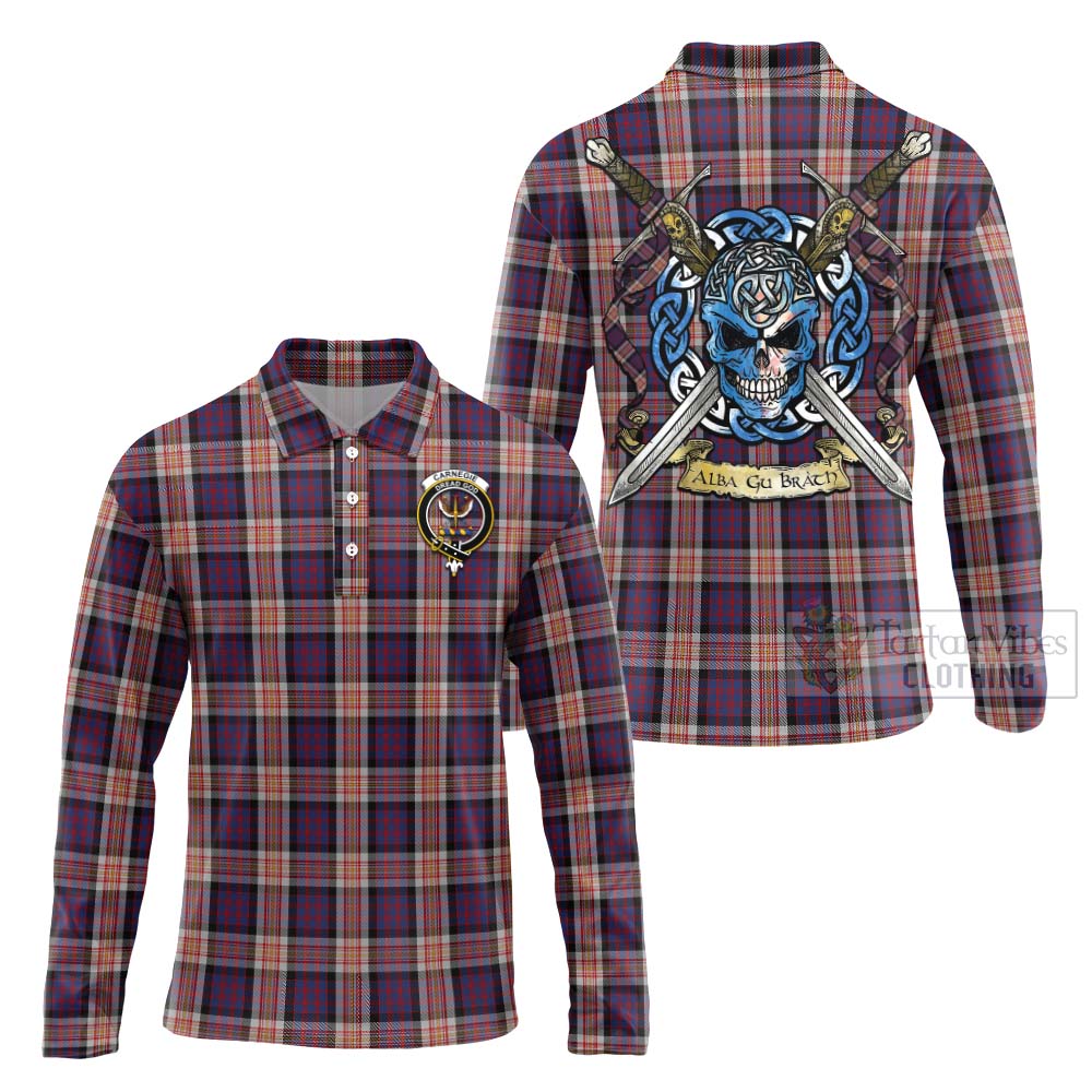 Carnegie Tartan Long Sleeve Polo Shirt with Family Crest Celtic Skull Style Unisex - Tartan Vibes Clothing
