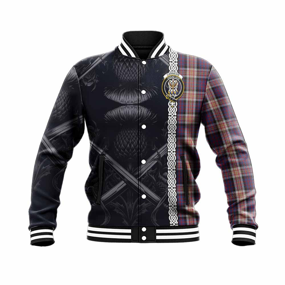 Carnegie Tartan Baseball Jacket with Family Crest Cross Sword Thistle Celtic Vibes Unisex - Tartan Vibes Clothing