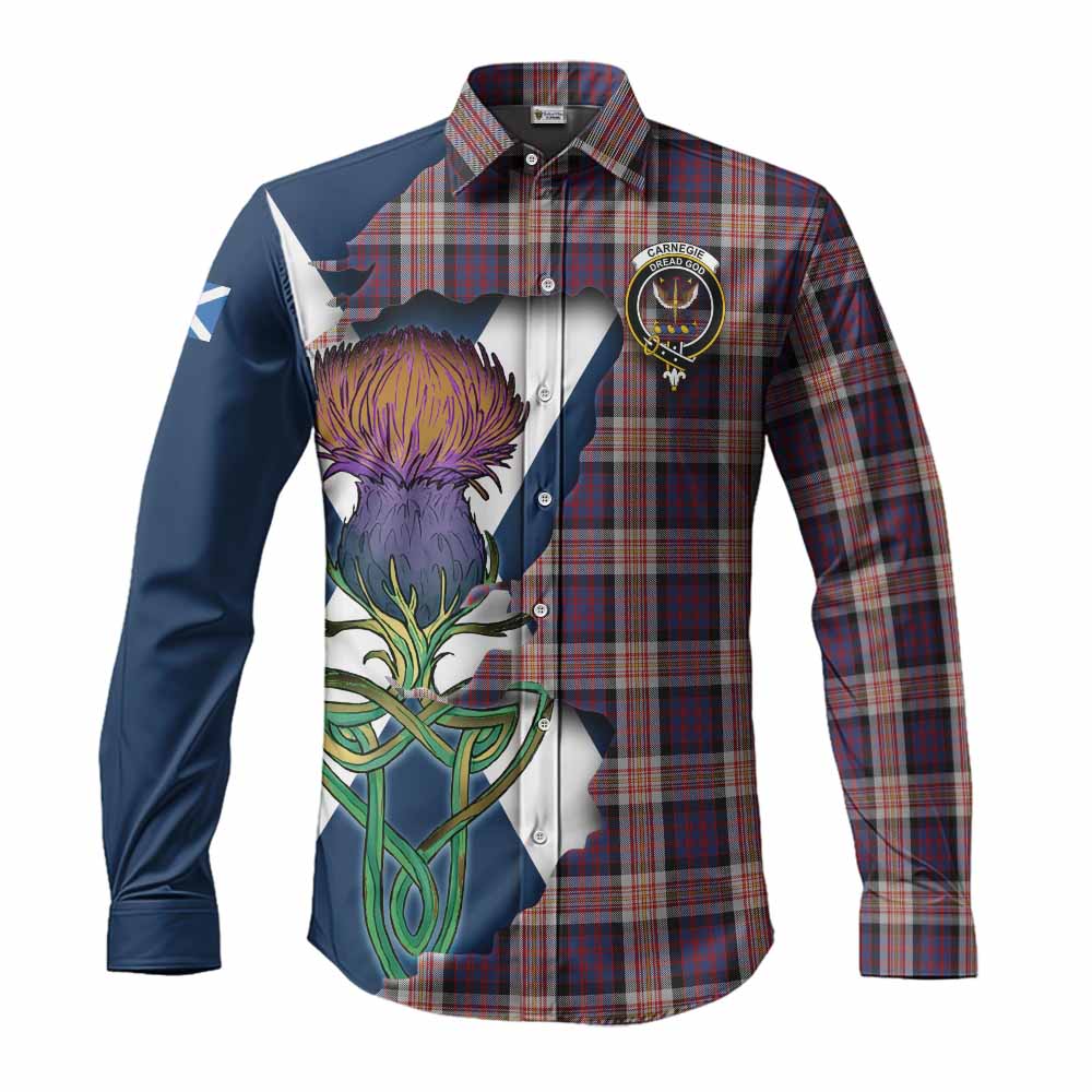 Tartan Vibes Clothing Carnegie Tartan Family Crest Long Sleeve Button Shirt Scottish Thistle Celtic Inspired