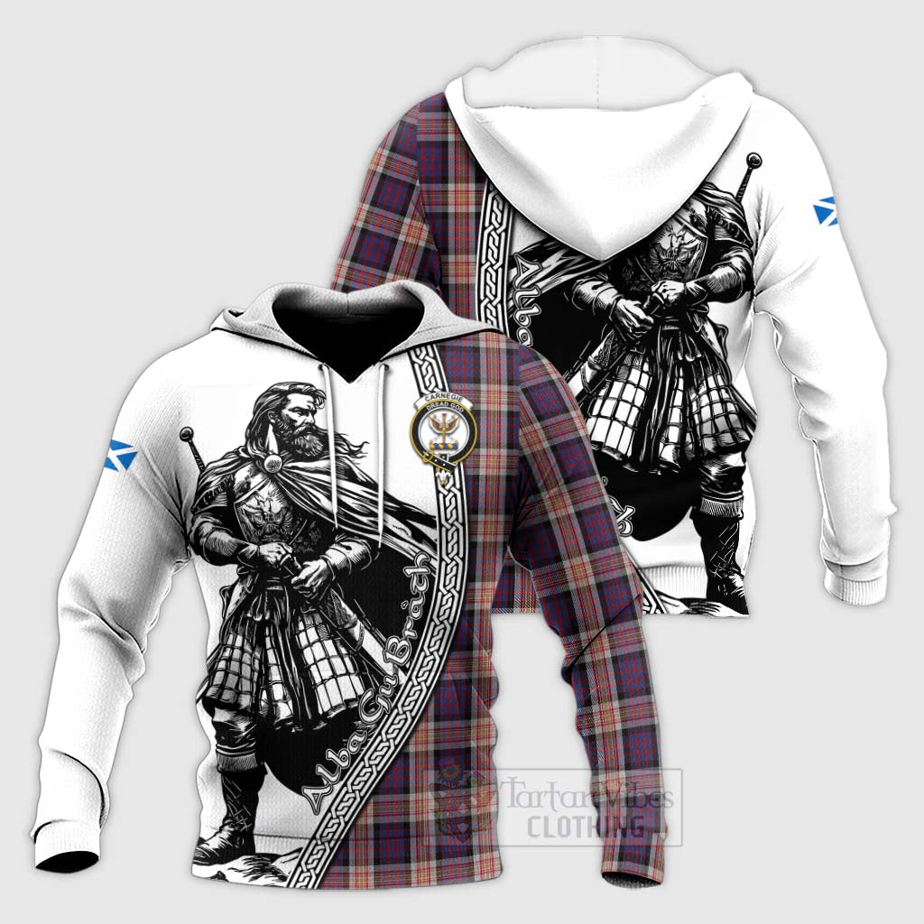 Carnegie Tartan Clan Crest Knitted Hoodie with Highlander Warrior Celtic Style Unisex Knitted Pullover Hoodie - Tartan Vibes Clothing